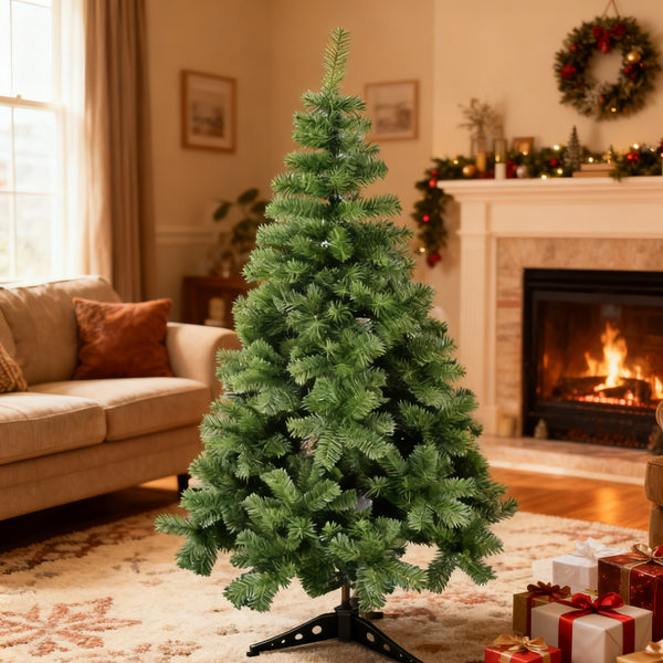 Aourow Green Artificial Christmas Tree 150cm PVC Branch Realistic Full Tree with Pine Cones Trees with Metal Stand in Dark Green