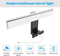 Aourow LED Bathroom Mirror Light, 5 W, 300 mm, 500 lm, Bathroom Mirror, Neutral White, 4000 K, IP44 Waterproof, 230 V Mirror Cabinet Lighting Class II