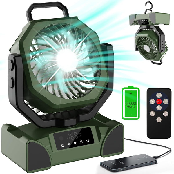 TOPPORTED 20000mAh Portable Camping Fan Rechargeable,Battery Operated Tent Fans with LED Lantern Light,5 Wind Speeds,4 Timer Modes,Wireless Desk Fan for Home,Travel,Power Outages(Green)