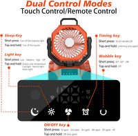 TOPPORTED 20000mAh Portable Camping Fan Rechargeable,Battery Operated Tent Fans with LED Lantern Light,5 Wind Speeds,4 Timer Modes,Desk Fan for Home,Travel,Power Outages(Orange)