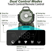 TOPPORTED 20000mAh Portable Camping Fan Rechargeable,Battery Operated Tent Fans with LED Lantern Light,5 Wind Speeds,4 Timer Modes,Wireless Desk Fan for Home,Travel,Power Outages(Green)