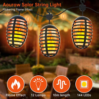 Aourow Warm White Flame Effect Solar Fairy Lights for Outdoor Use, 9 m, 12 Bulbs, Solar Pendant Lights with Flickering Flame, IP65 Weatherproof Solar LED Flame Light, USB Rechargeable for Garden