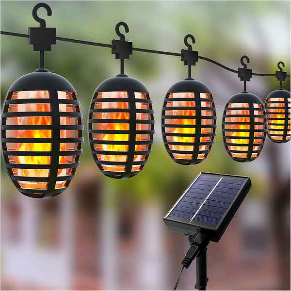 Aourow Warm White Flame Effect Solar Fairy Lights for Outdoor Use, 9 m, 12 Bulbs, Solar Pendant Lights with Flickering Flame, IP65 Weatherproof Solar LED Flame Light, USB Rechargeable for Garden