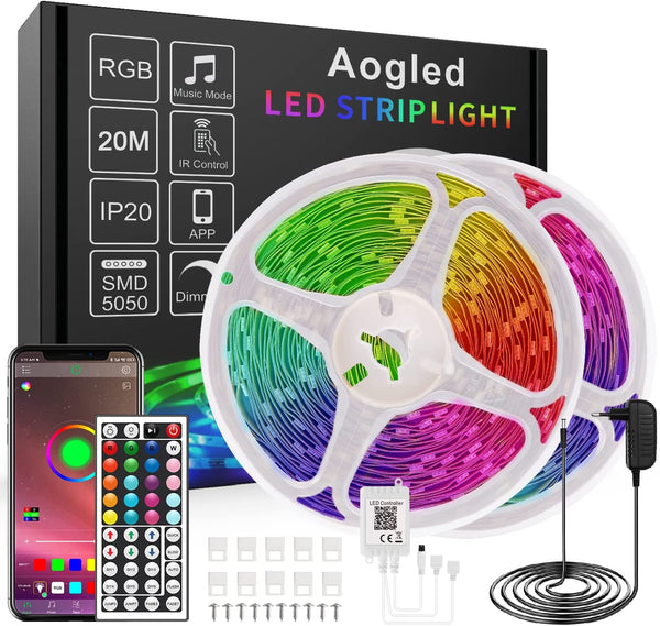 LED Strip 20 m RGB – Aogled LED Strip Bluetooth Dimmable with App Control, 44 Button Remote Control, Timer Setting, Music Mode, 24 V LED Strip Light for Living Room, Bedroom (10MX2)
