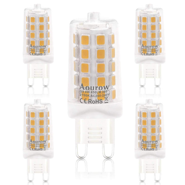 Aourow  G9 LED Bulb,Warm White 2700K,Aourow 4W 450LM (Equivalent to 28W,33W,40W Halogen bulbs),Non Dimmable,Pack of 5