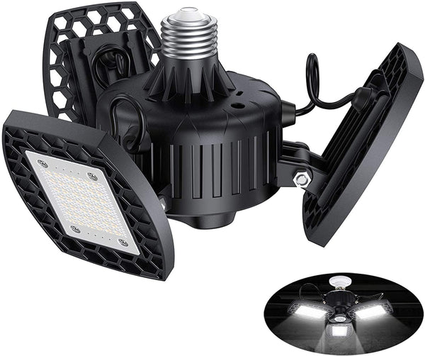 Garage Light 60W,LED Garage Lights E26/E27 Deformable,6000LM 6000K Three-Leaf Garage Ceiling Fixture,Adjustable Aluminum Panels Light for Garage Basement Warehouse Workshop Home