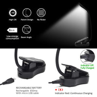 Aourow LED Book Lights Aourow,7 LED 3 Modes USB Rechargeable and 2w Gooseneck Led Book Light,Flexible Clip, Portble,Built in Battery, Eye-Care,Brightness Reading Light,Black